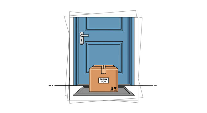 Cardboard box placed at the doorstep in front of a blue door, representing delivery and shipping