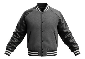 Stylish dark grey baseball jacket with white striped ribbing for modern fashion