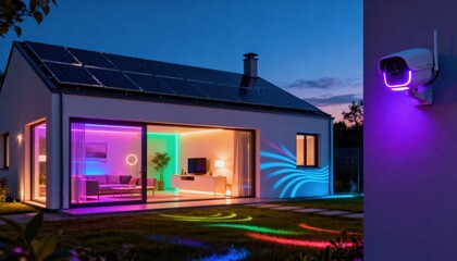 Smart Home Security: A modern home is secured with an advanced security system, showcasing smart technology features with vibrant, multicolored lights, and a surveillance camera in operation.
