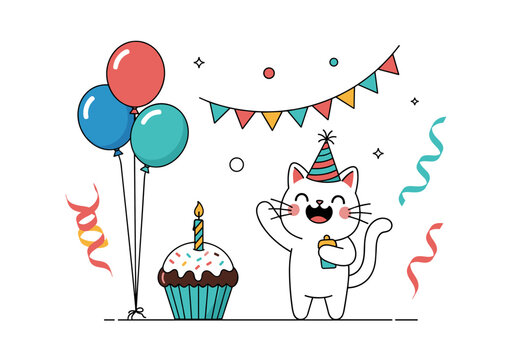 A happy cat celebrating its birthday with a cupcake and balloons.