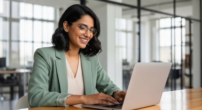 Happy Indian Woman Working on Laptop in Modern Office