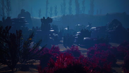 Exploring a stunning underwater world filled with colorful coral and marine plants. The ethereal lighting creates a surreal atmosphere, showcasing the beauty of ocean life at dawn. © icetray