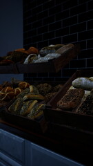 Warm, inviting atmosphere filled with a variety of artisanal breads and pastries resting on wooden shelves. Perfect for a delightful snack any time of day.