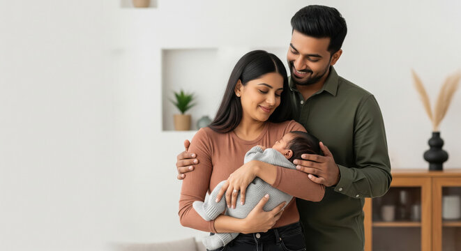 Happy Indian parents bonding with their newborn baby at home