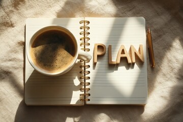 Minimal flat lay with coffee cup and productivity planner arranged neatly on a white surface, symbolizing focus and creativity.