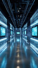A long hallway with multiple television screens