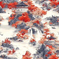 Traditional Japanese landscape with temple and cherry trees, classic oriental art.