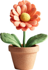 Fototapeta premium Charming terracotta potted flower with soft orange petals and yellow center detailed closeup isolated on transparent background