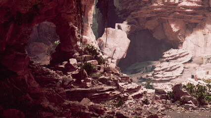 Sunlight streams into a secluded canyon, illuminating rocky cliffs that tower high. Lush greenery contrasts with the rugged landscape, inviting adventurers to explore its depths.