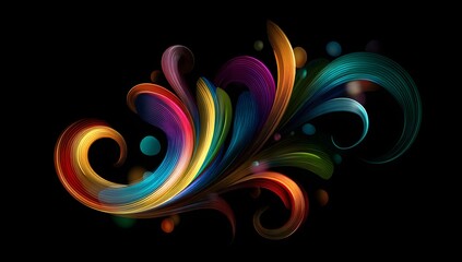 Vibrant abstract swirling organic forms with iridescent textures and a spectrum of luminous colors against a deep black background creating a dynamic and artistic visual