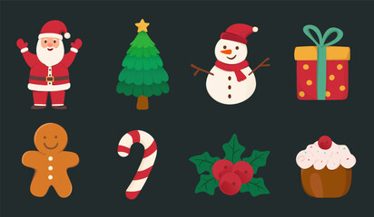 Christmas Design Elements Set featuring Santa Claus, Christmas Tree, Snowman, Gift, Gingerbread Man, Candy Cane, Cupcake, Holly and Berries for Festive Illustration, Holiday, and Winter Decoration