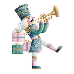 Colorful nutcracker character playing trumpet with festive gifts, perfect for holiday decorations and seasonal celebrations