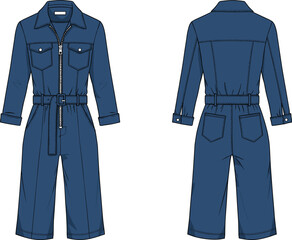 Technical fashion vector illustration of denim jumpsuit front and back view with collar, belt, zipper, pockets, wide cropped legs © Eyaruna's World