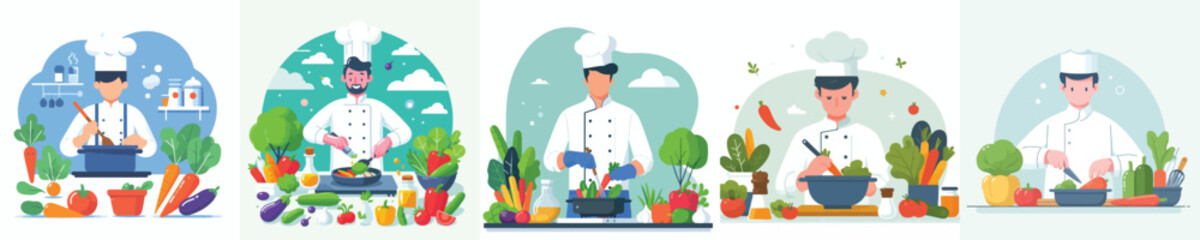 vector male chef cooking fresh vegetables