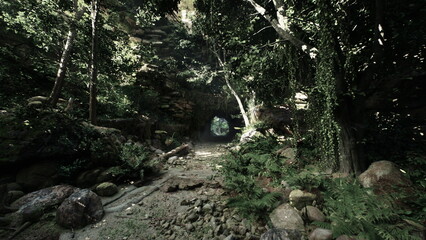 Fototapeta premium A serene forest clearing showcases tall trees, vibrant ferns, and gently flowing water. Sunlight streams through the canopy, illuminating stones and creating a peaceful atmosphere.