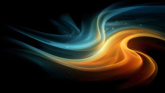 Abstract swirling ethereal energy currents of vibrant orange and cool blue light flowing and intertwining against a deep dark background creating a sense of dynamic motion and cosmic wonder