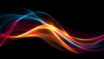 Vibrant flowing luminous energy waves with intricate particle trails creating a dynamic abstract visual on a deep black background