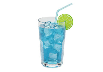Refreshing blue cocktail with ice cubes and lime slice isolated on transparent background PNG format Summer drink