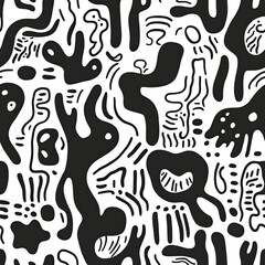 Organic abstract doodle pattern in black and white, modern seamless texture.