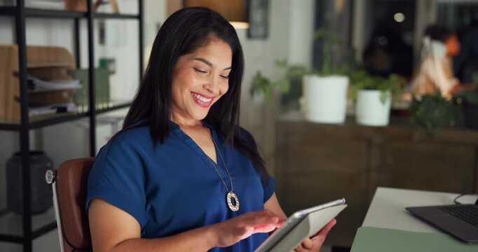 Business, night and woman with tablet, smile and research for article, submission and editing. Evening, person and journalist in workplace, tech and proofreading with magazine website, app and email