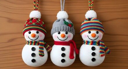 Three Knitted Snowman Christmas Ornaments