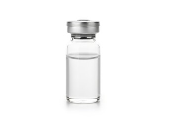 Clear pharmaceutical vial with silver cap and liquid contents isolated on white