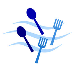 Sea debris. Plastic Fork and Spoon in blue wave microplastic. Sea pollution vector clip art. Plastic in ocean vector for education and campaign