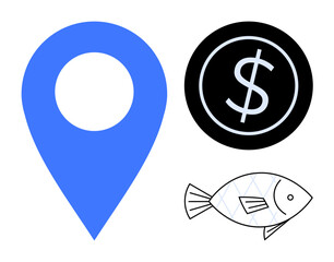 Blue location marker, black dollar sign, and outlined fish representing trade, economy, sustainability, local business, seafood markets, environmental awareness. Ideal for commerce ecological