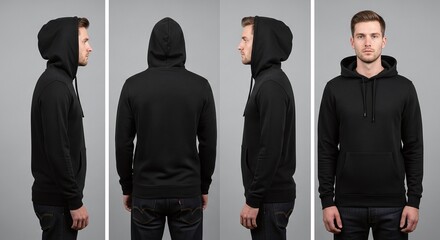 Man wearing a black hoodie, shown from multiple angles front, back, and side views