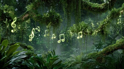 Naklejka premium Magical Forest with Floating Music Notes and Enchanting Greenery in a Fantasy Landscape Captured Amid Misty Environment