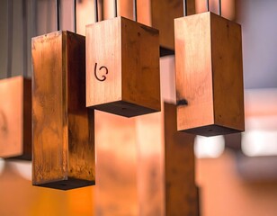 Hanging blocks of copper, shallow depth of field.