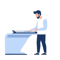 Bearded Man in White Shirt and Blue Trousers Operating Light Blue Terminal on White Background