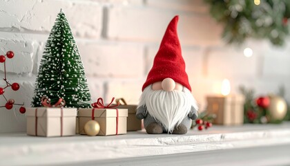 Fototapeta premium Red-Hatted Gnome with Mini Christmas Tree