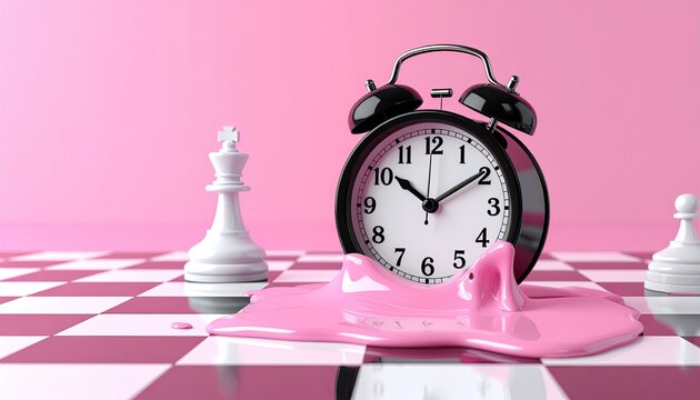 Melting clock, chess pieces. Pink surreal still life