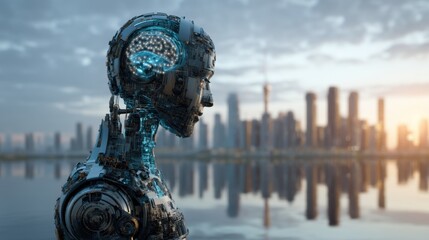 Futuristic AI Inteface with Complex Neural Network Design Set Against a Modern Cityscape at Dusk Reflecting on Water Surface