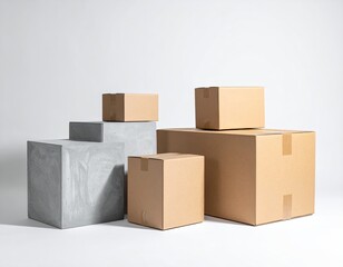 Fototapeta premium Boxes and concrete blocks on a white studio backdrop