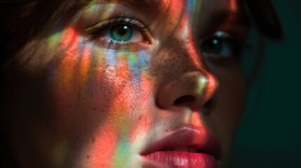 Naklejka premium Close-Up Portrait of a Young Woman with Colorful Light Patterns Casting Shadows on Her Freckled Skin and Bright Eyes