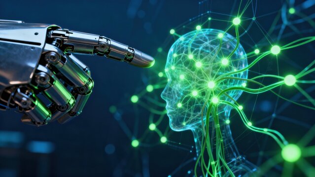 3D rendering artificial intelligence AI research of robot and cyborg development for future of people living. A robotic hand interacts with a digital human head, symbolizing AI and technology. - Powered by Adobe