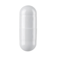 Close-up shot of a single white capsule, cylindrical shape against black background