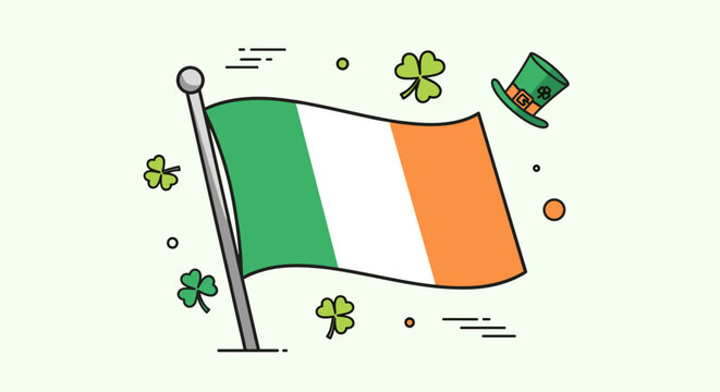 Waving Irish flag with a leprechaun hat and shamrocks for St. Patrick's Day celebration
