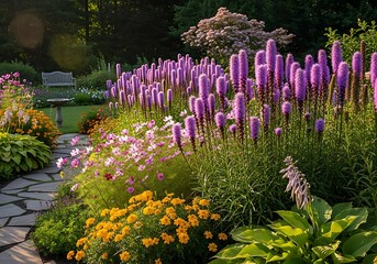 Lush Garden Scene with Vibrant Flowers and Stone Pathway.