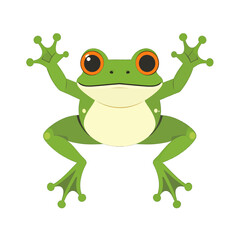 Fototapeta premium Cartoon Green Frog with Orange Eyes and Beige Belly in Pixel Art Style Isolated on White Background for Kids Illustration
