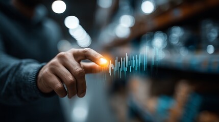 Futuristic Business Analytics Concept With Hand Touching Digital Graph In Smart Warehouse, Technology, Data, And Innovation
