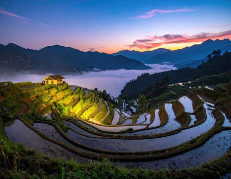 Terraced fields reflect dawn sky, house aglow