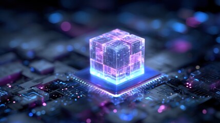 Abstract digital cube representing data processing and technology advancement in a futuristic environment with glowing lights and intricate patterns