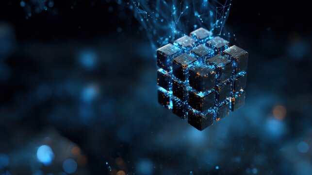 Futuristic glowing cube composed of interconnected digital elements, symbolizing technology, innovation, and abstract concepts about data and artificial intelligence