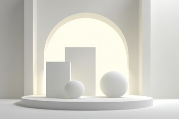 Fototapeta premium Minimal 3D scene with soft white geometric shapes, showcasing balance, simplicity, and elegance.