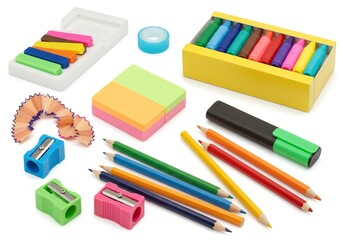 Vibrant collection of essential school and office supplies including colorful pencils, crayons, sharpeners, tape, and sticky notes, perfect for creative projects and organized workspaces.