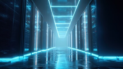 Futuristic data center hallway with illuminated blue lines and reflective surfaces creating a sleek and modern technology environment