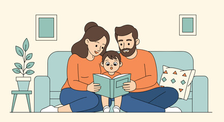 Parents reading a book to their child in a cozy family setting